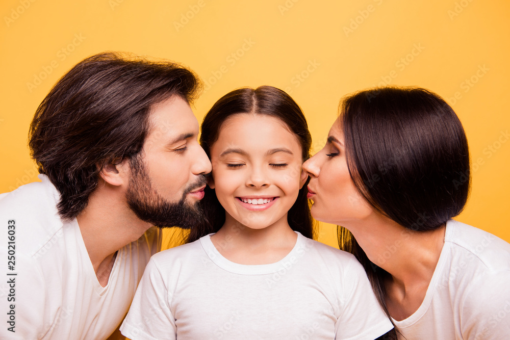 Sticker close-up portrait of nice cute lovely lovable attractive charming cheerful people mom dad pre-teen a