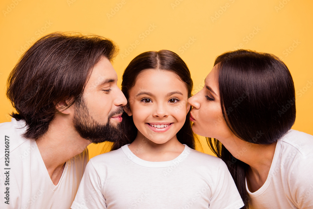 Sticker Close-up portrait of nice cute lovely attractive tender gentle charming cheerful people mom dad kissing pre-teen girl isolated over shine vivid pastel yellow background