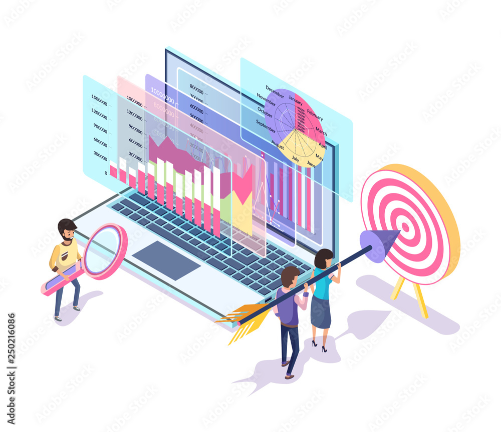 Aufkleber people working on website promotion vector. digital marketing implemented by workers, target and wor