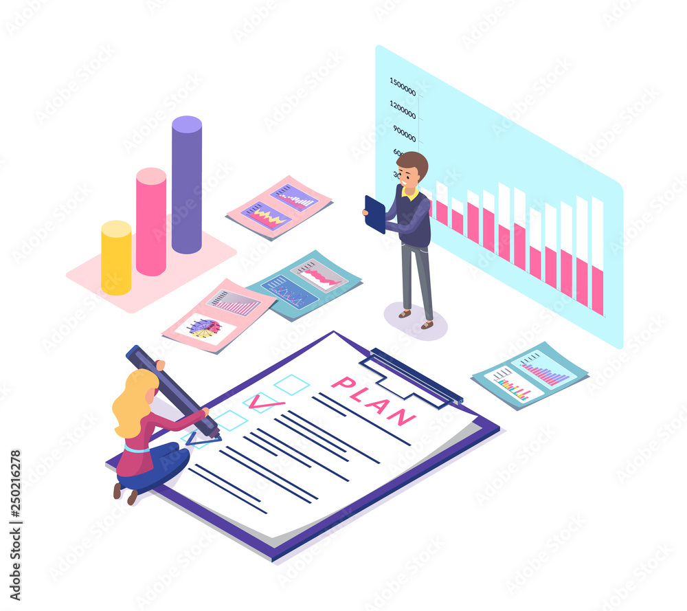 Poster analytics and statistics of business plan vector. tasks and fulfillment, info charts and infographic