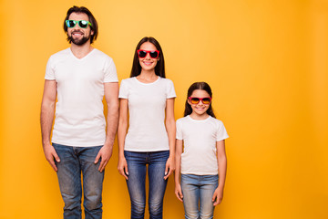 Portrait of nice lovely attractive charming cheerful cheery people wearing colorful modern eyewear...