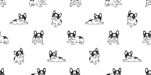 Dog seamless pattern french bulldog breed bone scarf isolated paw breed repeat wallpaper tile background illustration doodle black - obrazy, fototapety, plakaty