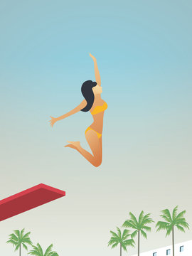 Attractive sexy woman in bikini jumping from board jump to swimming pool vector cartoon illustration. Symbol of summer holiday, vacation, recreation, fun and happiness.