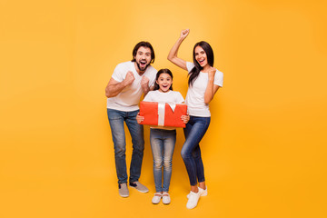 Full length body size view portrait of nice lovely charming attractive cheerful people holding in hands large big red bow ribbon box rejoice isolated over shine vivid pastel yellow background