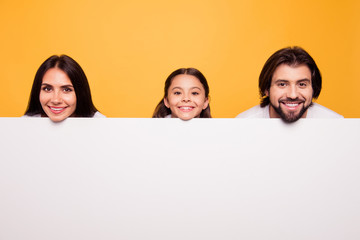 Portrait of nice attractive lovely cheerful cheery people dad mom face above new information desk blank empty copy space place isolated over shine vivid pastel yellow background