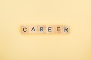 top view of career lettering arranged of wooden blocks on yellow background