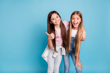 Portrait of two people nice cute lovely charming dreamy attractive cheerful straight-haired...