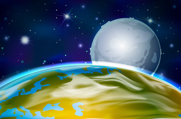 Naklejka premium View on Earth planet and moon from orbit on space background with bright stars and constellations