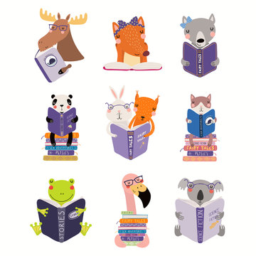 Big set with cute animals reading different books. Isolated objects on white background. Hand drawn vector illustration. Scandinavian style flat design. Concept for children print, learning.