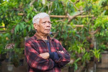 Naklejka na ściany i meble Portrait of elderly man standing in home garden.