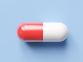 Pharmaceutical medicine pill on blue background. Health care concept. 3D render illustration.