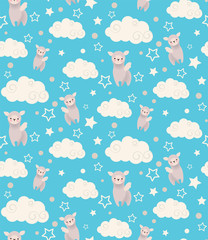 Semless vector pattern with cute winged llamas, clouds and stars. Childish texture suitable for wallpaper, wrapping and textiles © Black Spring