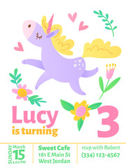 Cute vector birthday invitaition with dreaming unicorn