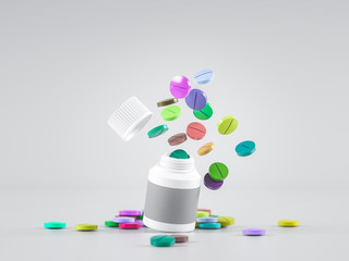 Scattered parmaceutical medicine pill tablets spilling out of white bottle on light gray background. Mock up template. Health care concept. 3d render illustration