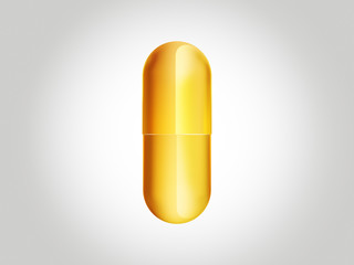 Gold medical pill capsule isolated on white background. 3D rendering illustration.