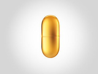 Gold medical pill capsule isolated on white background. 3D rendering illustration.