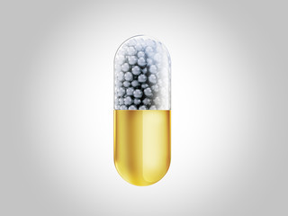 Gold medical pill capsule isolated on white background. 3D rendering illustration.