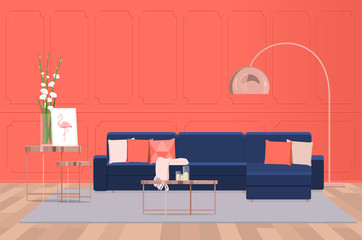 Interior design of a luxurious living room with a blue sofa against the background of a coral wall. Vector flat illumination.