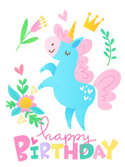 Obraz na płótnie Canvas Vector happy birthday cards with cartoon unicorn character