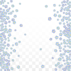 Blue Vector Realistic Blue Petals Falling on Transparent Background.  Spring Romantic Flowers Illustration. Flying Petals. Sakura Spa Design. Blossom Confetti. Design Elements for Wedding Decoration.