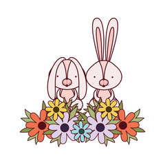 easter bunnies with flowers isolated icon