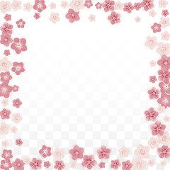 Vector Realistic Pink Flowers Falling on Transparent Background.  Spring Romantic Flowers Illustration. Flying Petals. Sakura Spa Design. Blossom Confetti. Design Elements for Wedding Decoration.