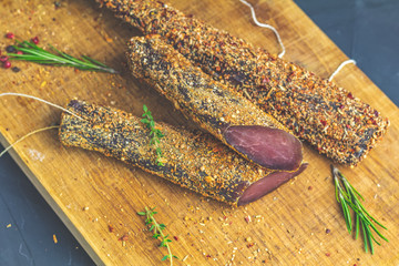 Jerky, basturma, dried meat beef, meat smoked jerky