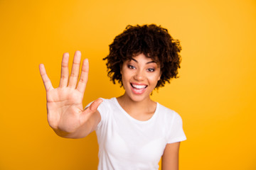 Close up photo beautiful amazed she her dark skin lady arms hands fingers explain countable...
