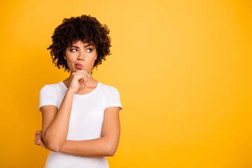 Close up photo beautiful amazed she her dark skin lady arms hands chin think over not sure homework...