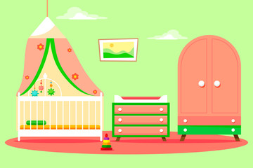 Children's room for a girl with a beautiful pink wardrobe and changing table. Wall with the decor of the clouds. Vector illustration of a flat style.