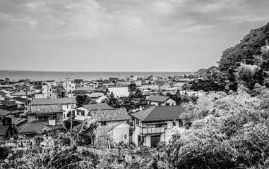 Wide angle view over the city and bay of Kamakura Japan