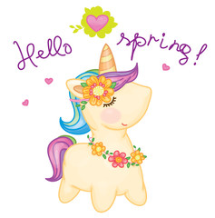 Vector cute  baby unicorn cartoon. Hello spring.