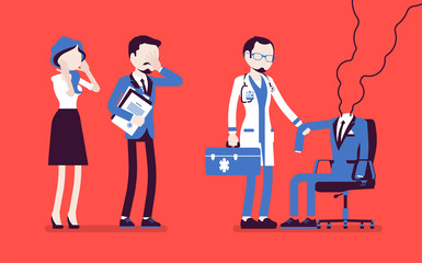 Burnout office worker and a doctor. Employee empty suit, man in exhaustion, lost physical, emotional strength, motivation, stress and frustration at workplace. Vector illustration, faceless characters