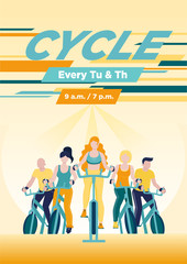 Faceless group of people on exercycles in spinning class. Colorful vector illustration for web and printing.