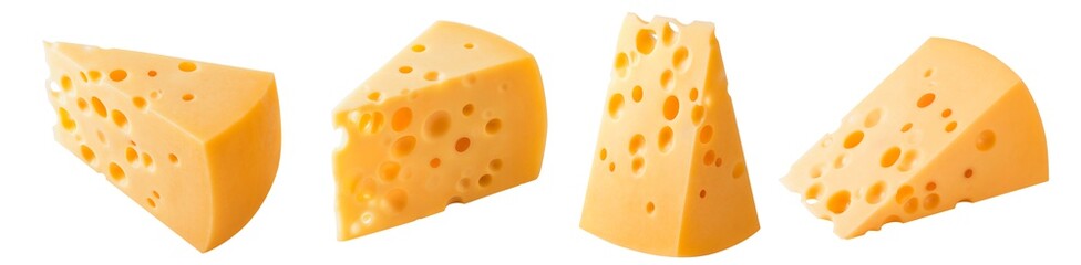 Fototapeta Set of triangular cheese pieces isolated on white background obraz