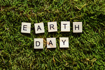 earth day written with wooden letters cubed shape on the green grass. Metaphor for the day of the...