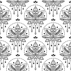Indian Lotus flower vector seamless pattern, Mehndi henna tattoo style, Yoga or zen decoration, bohemian textile in black on white