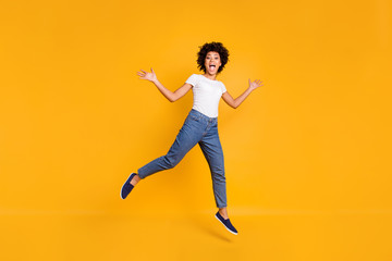 Full length body size photo jumping high beautiful she her lady like comedian actor playful active...