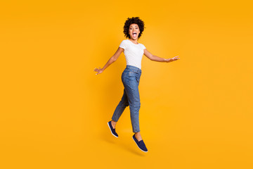Full length body size side profile photo jumping high beautiful she her lady yelling rushing...