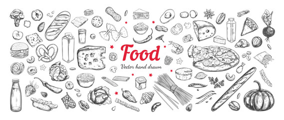 Big vector set of healthy food ingredients. Hand drawn sketches. Isolated objects