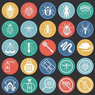 Pest icons set on color circles black background for graphic and web design, Modern simple vector sign. Internet concept. Trendy symbol for website design web button or mobile app