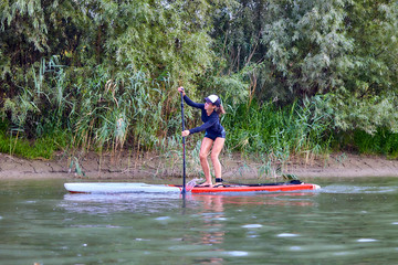 Girl with perfect body on SUP board. Stand up paddle boarding on Danube river at summer morning.