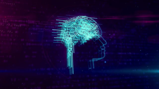 Artificial intelligence, deep machine learning and cyber mind concept loopable and seamless animation. Face shape with futuristic cybernetic brain on dynamic 3D digital background.