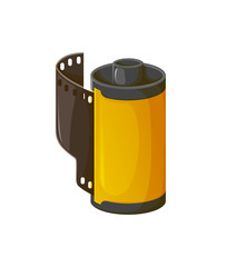 Camera tape in box vector, filmstrip photo roll isolated icon. Cinema and movies sign, design of equipment for making photographs, pictures and shots