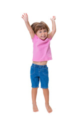 Cheerful positive little girl 3 years old happily jumping up and screaming cheers isolated on white background. Happy childhood and emotions