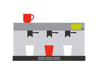 Coffee and tea machine for making drink, steel equipment with cups, caffeine beverage from modern appliance. Flat design of cafe or home tool vector