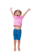 Cheerful positive little girl 3 years old happily jumping up and screaming cheers isolated on white background. Happy childhood and emotions