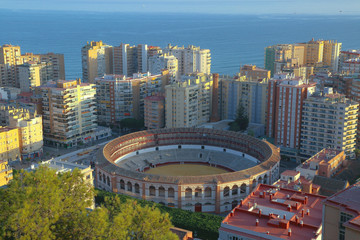 skyline of the cost of Málaga with the bullring