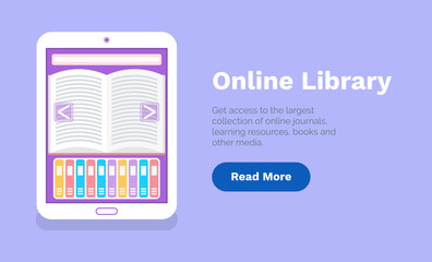 Online library web page template, using tablet for distance learning and education. Electronic version of book, journal and other media in gadget vector