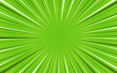 Bright green exploding retro comic background with rounded halftone highlight shadow and circle of dark and light stipes. Cartoon eco backdrop for comics book, advertising design, poster, print © Tatahnka